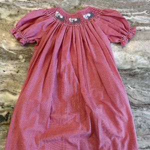 Red and White Smocked dress with Elephant Detail